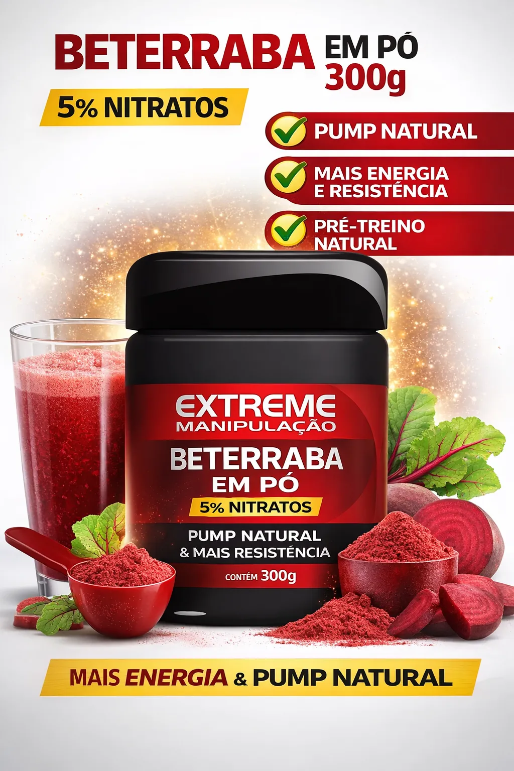 Beterraba Extrato Seco Puro em Pó ( Teor 5% de Nitratos ) Pote 300g