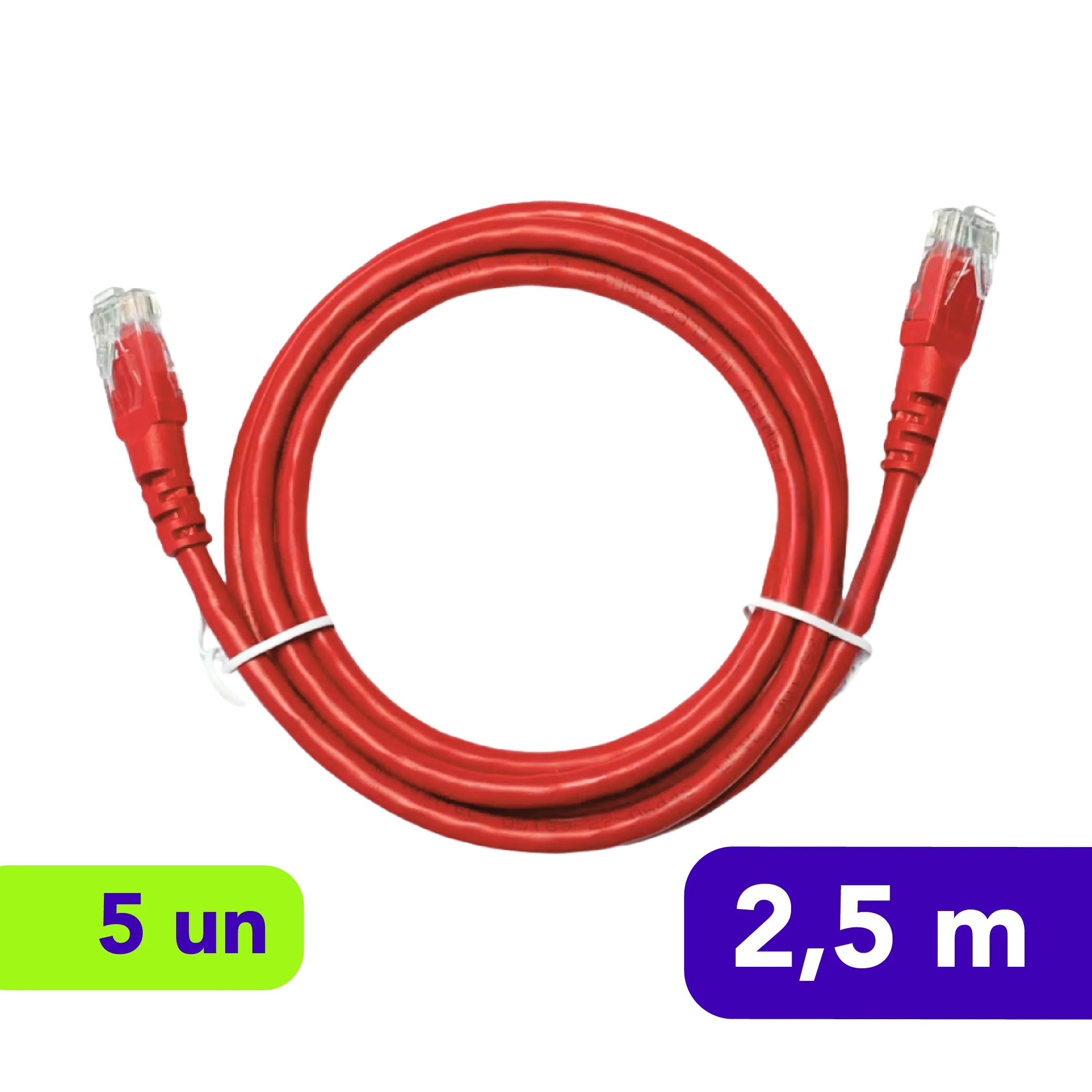 Patch Cord - Cat.5E UTP LSZH - 2,5m - Vermelho - Kit com 5 Unidades