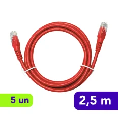 Patch Cord - Cat.5E UTP LSZH - 2,5m - Vermelho - Kit com 5 Unidades