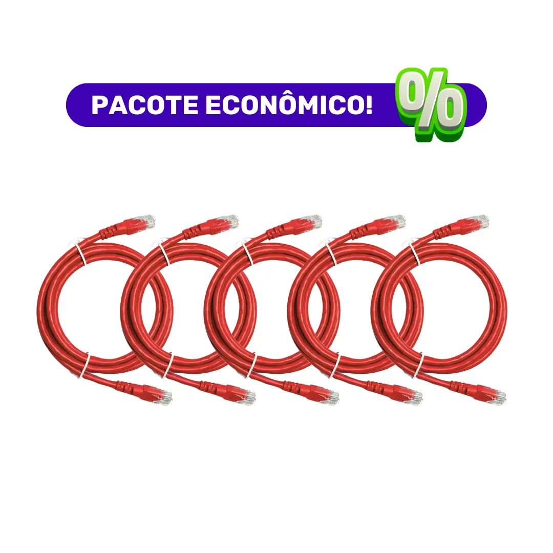 Patch Cord UTP - CM - Cat.6 - 1,5m - Vermelho - Kit com 5 Unidades