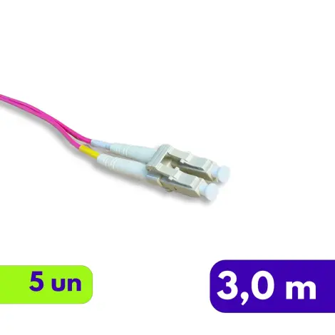 Cordão Óptico MM - OM4 Duplex - LC/UPC - R&M - 3m - Violeta - Kit com 5 Unidades