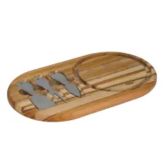 Kit queijo 4 peças, utensílios em inox, tábua madeira teca