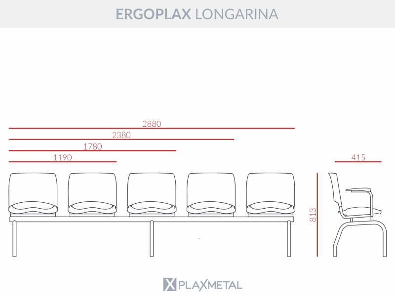 Longarina Ergoplax 3 Lugares com Braço