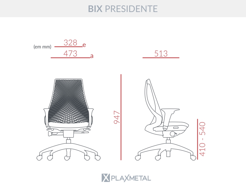 Bix Presidente Tela Preta / Rodízios PU 55mm / Bases/Estruturas Alumínio / Mecanismos Autocompensador / Apoios de braço Regulável
