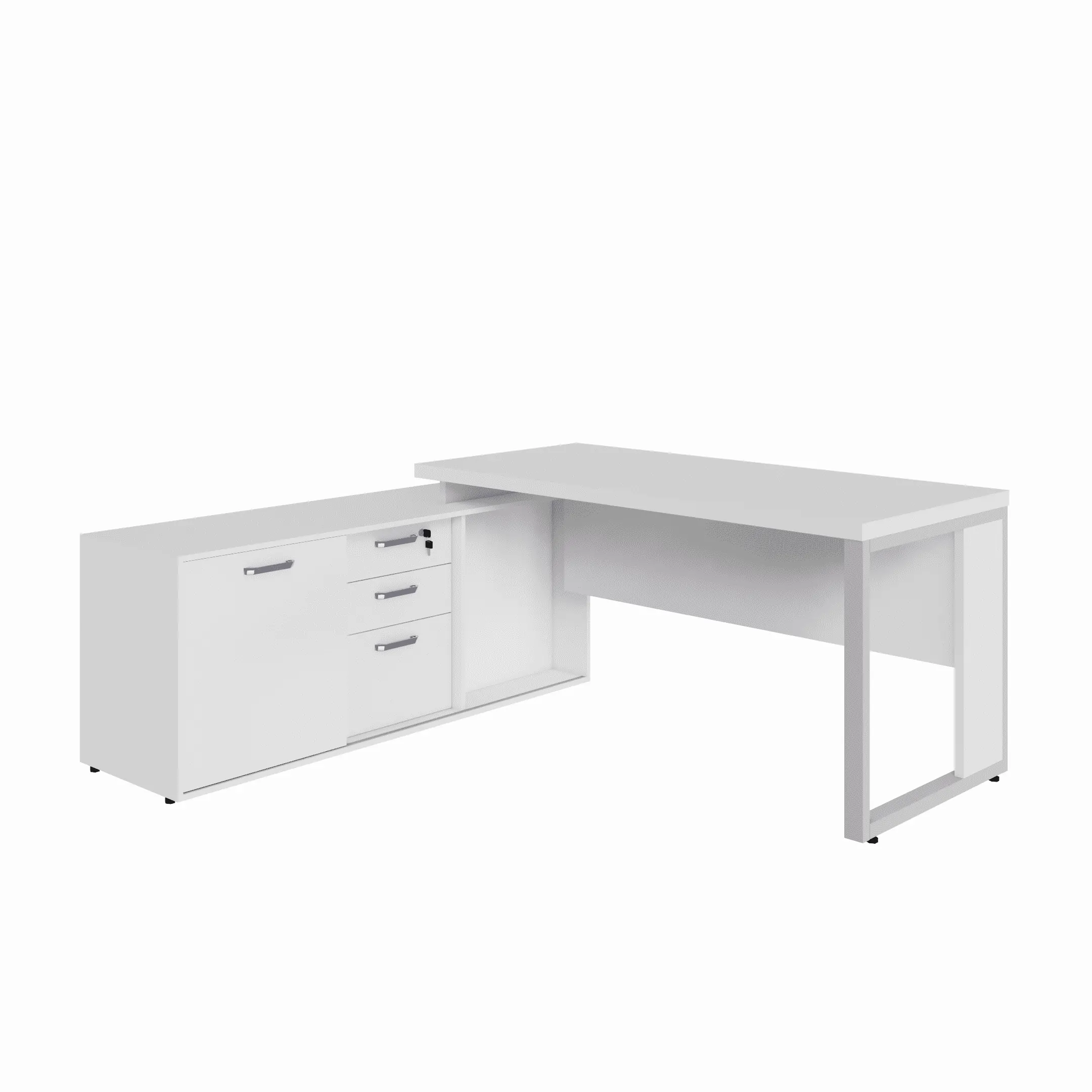 MESA DIRETOR DINÂMICA COM ARMÁRIO LATERAL PÉ QUADRO 1800 X 1600 CINZA
