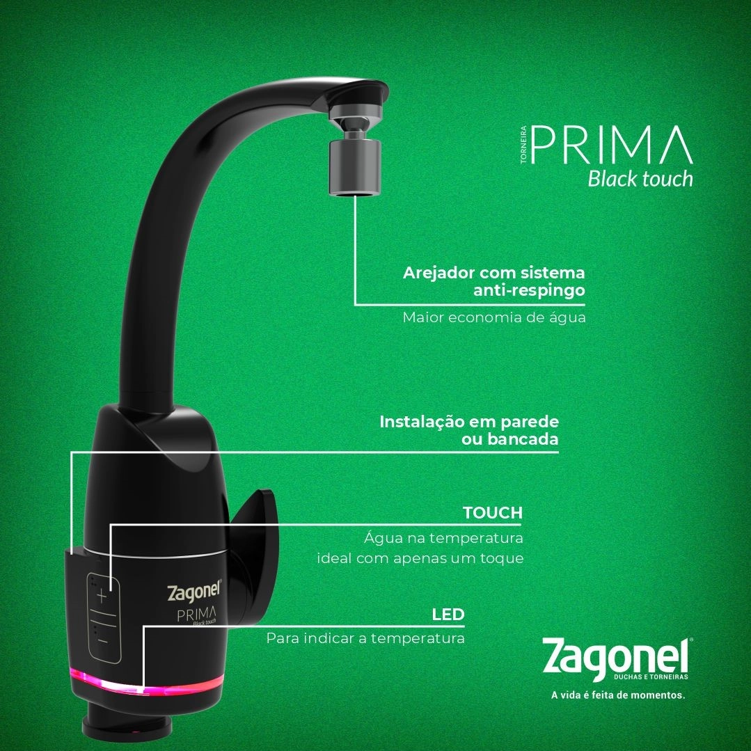 Torneira Elétrica Prima Touch 5500W 127V Preta Zagonel