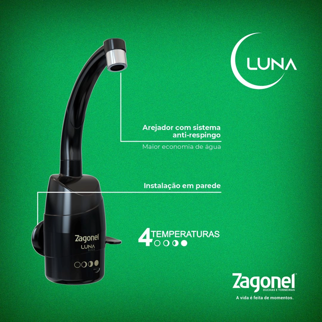 Torneira Elétrica Luna 4 temperaturas 5500W 220V Preta Zagonel 